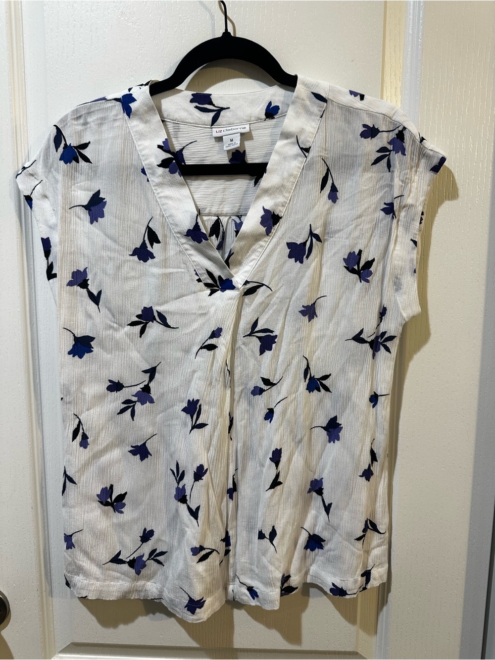 Liz Claiborne White Blouse with Blue and Navy Floral Print